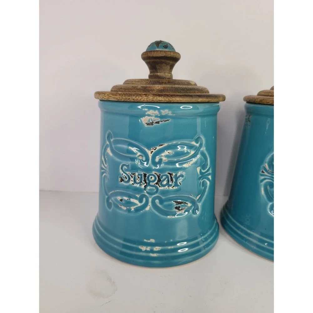 Vintage IMAX Provincial Turquoise Ceramic Canister Set 3pc Sugar Tea Coffee